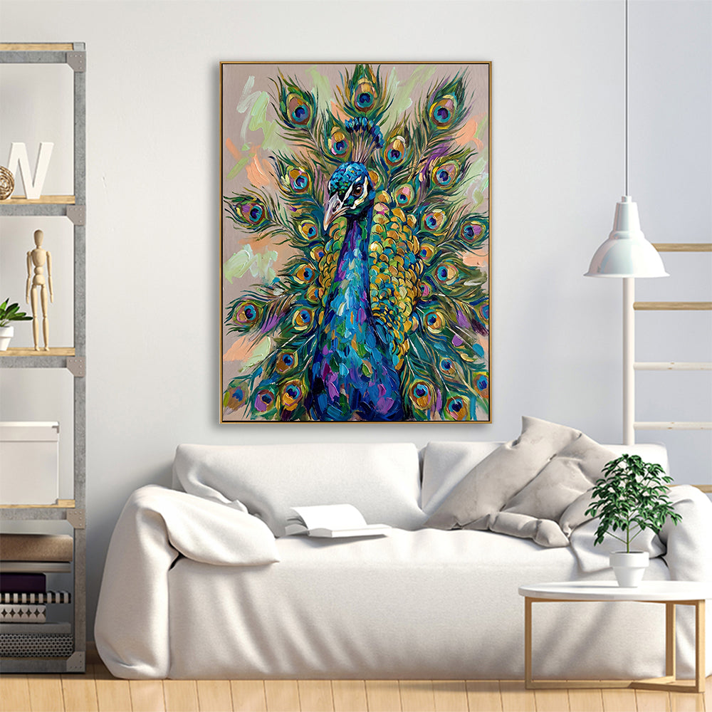 Hand-painted peacock art piece above a white sofa in a bright, sunlit living area.