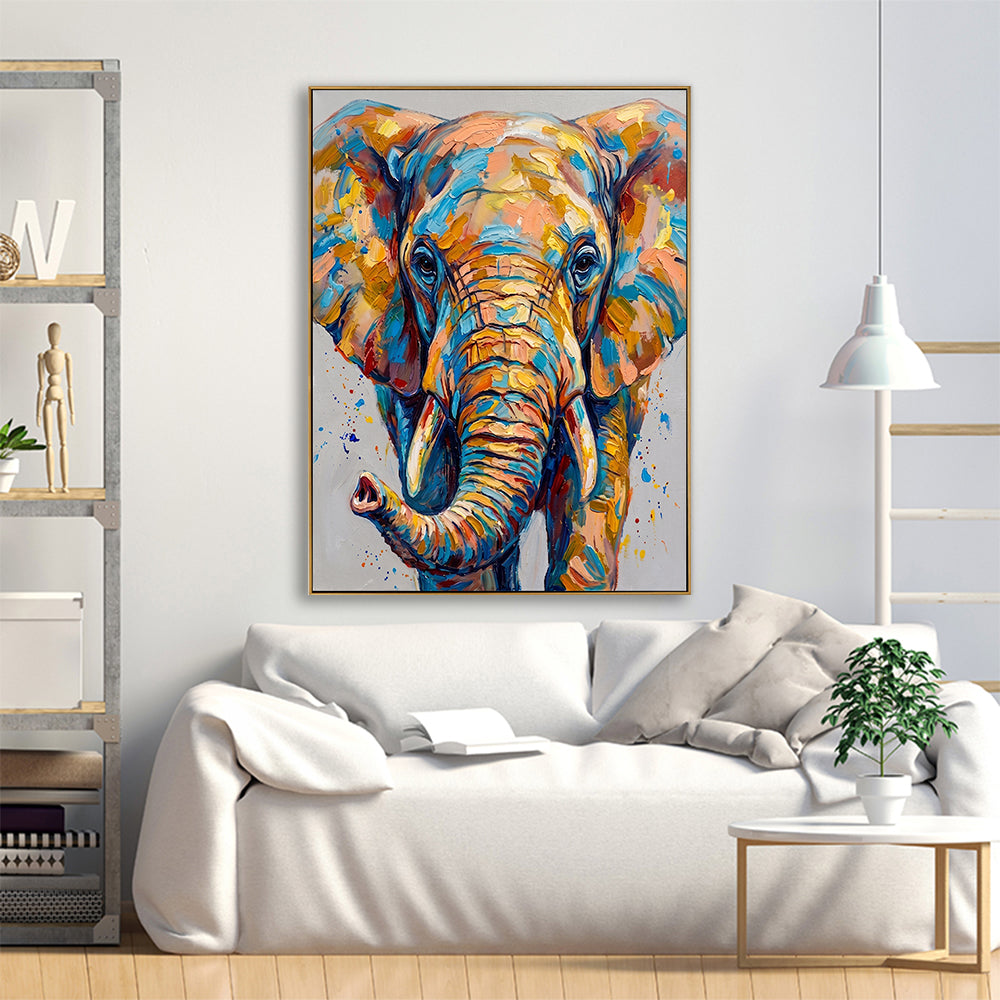 Impressionist elephant painting styled in a cozy white living room above a soft cream sofa.