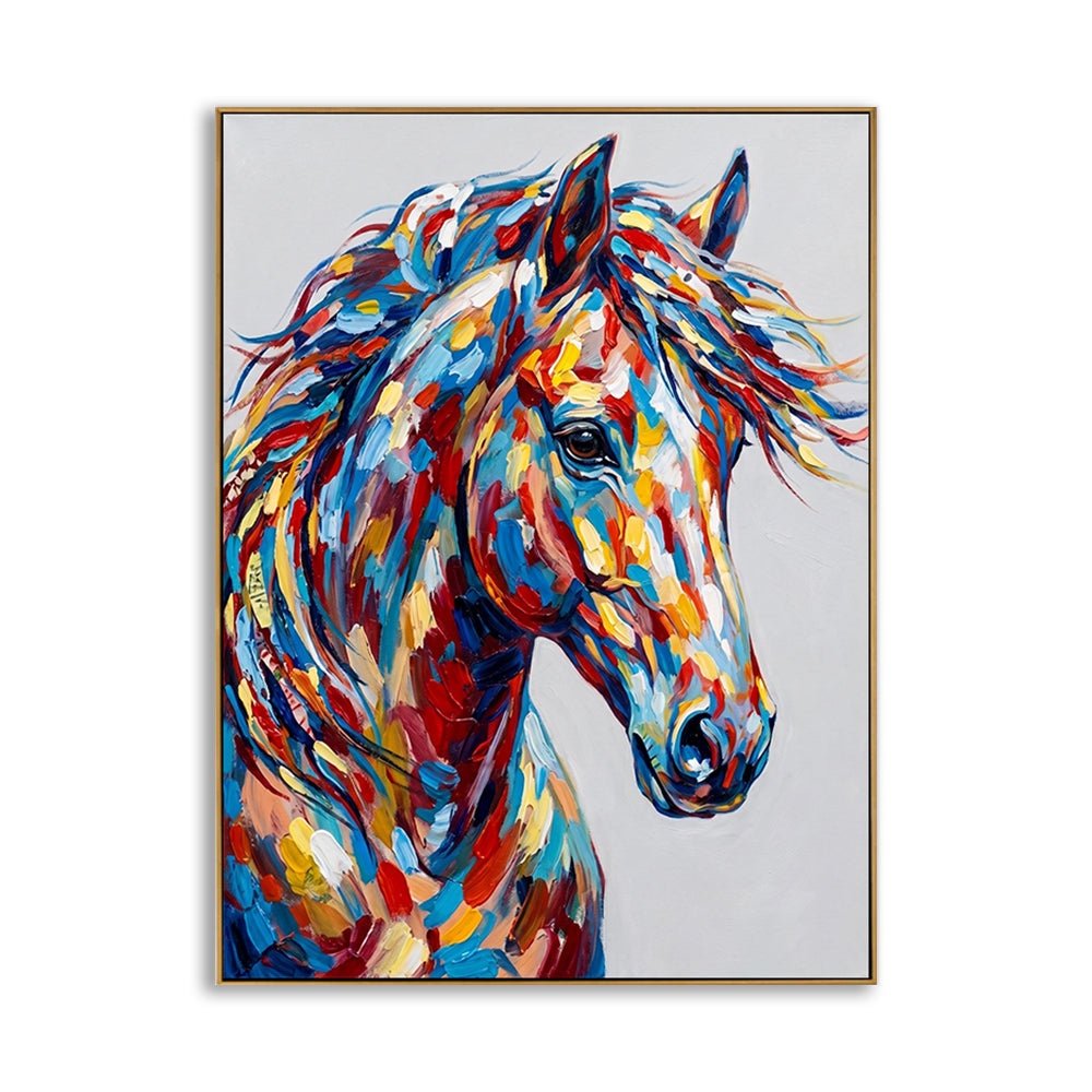 Vibrant abstract horse head painting with colorful blue, red, and yellow palette knife strokes.