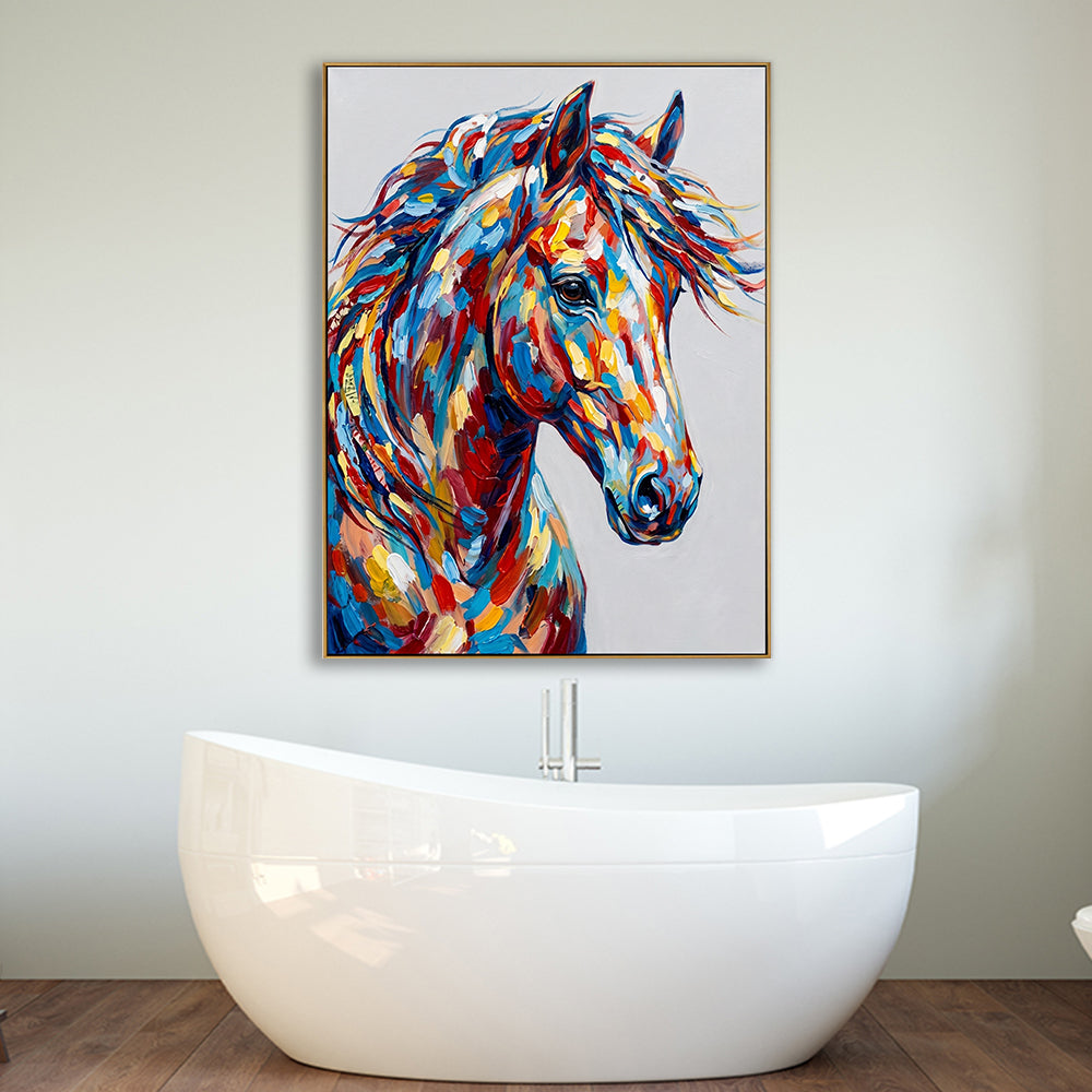 Colorful animal wall decor displayed in a modern bathroom above a luxury white bathtub.
