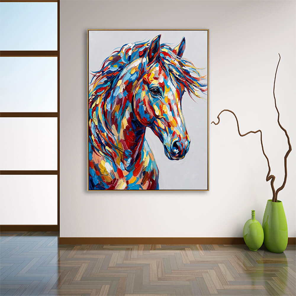 The vibrant horse canvas artwork hangs in a minimalist, open-concept living space. The room features a white wall and glossy, reflective herringbone-patterned hardwood floors. Next to the painting, two tall, lime-green ceramic floor vases with decorative dry branches provide a pop of coordinating color.