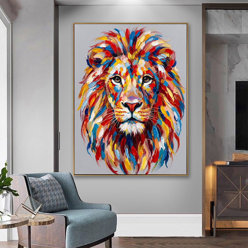 Modern colorful lion art featured in a contemporary living room above a stylish blue armchair.