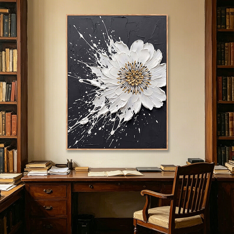 Bold 3D black white and gold splash flower painting in traditional study room, impasto artwork above vintage wooden desk