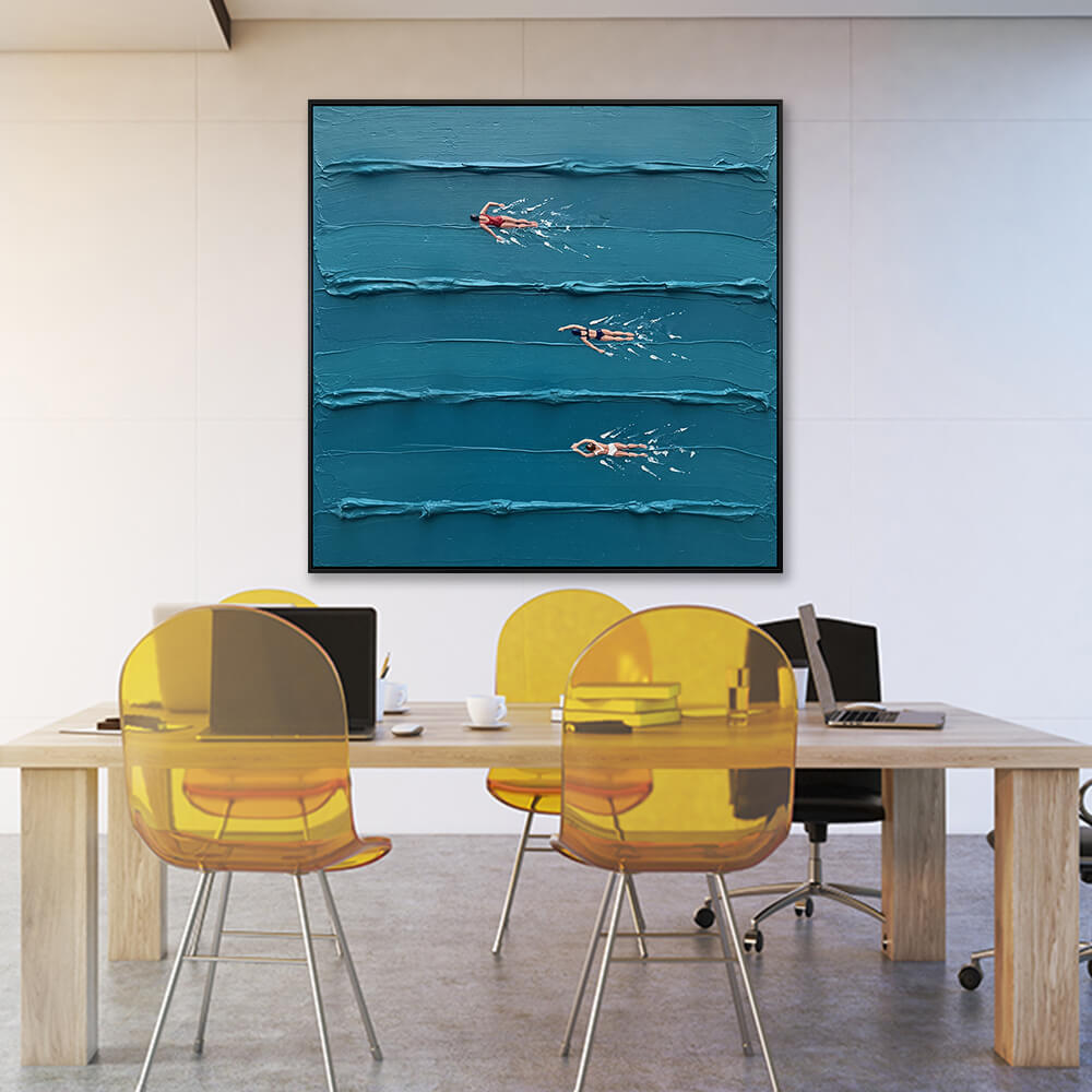 Aquamarine Strokes: Three Swimmers Textured Heavy Impasto Hand Painted Canvas YX924
