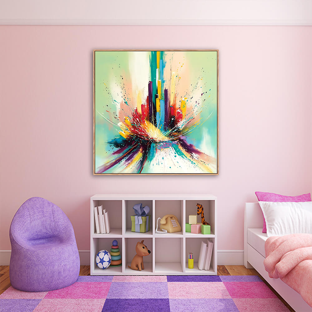 Vibrant mint green abstract cityscape canvas hanging in pink kids bedroom with purple bean chair, white cubby toy shelf and colorful checkered rug