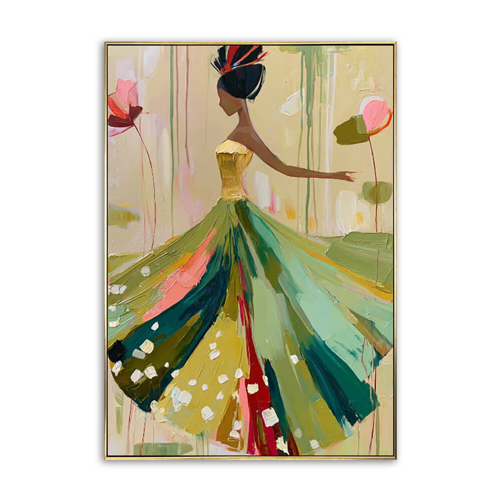 Studio front view of Ethereal Stride abstract female gown artwork wall art featuring a graceful woman figure in a colorful dress.