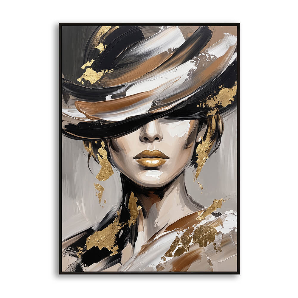 Close-up detail shot of a hand-painted canvas featuring thick textured brushstrokes and metallic gold leaf highlights on a woman's profile.