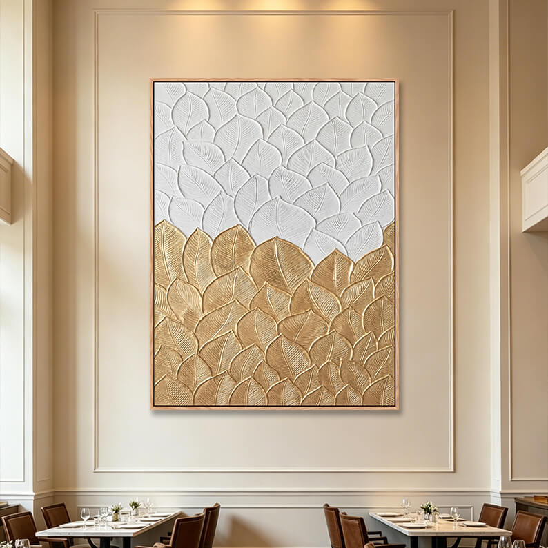Large vertical 3D abstract leaf painting with layered white and gold sculpted leaves, detailed vein patterns, heavy impasto texture, modern luxury art