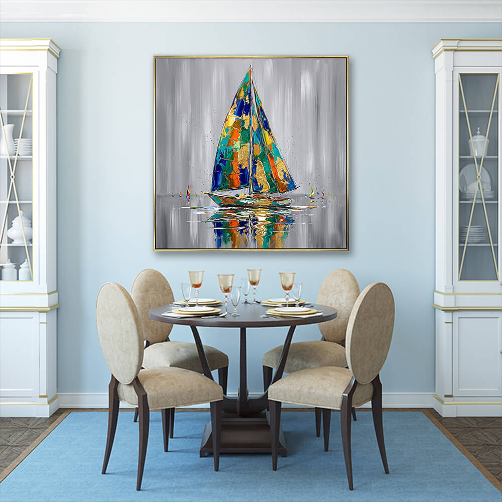 Grey tone gold foil sailboat pop seascape canvas in bright elegant formal dining room interior