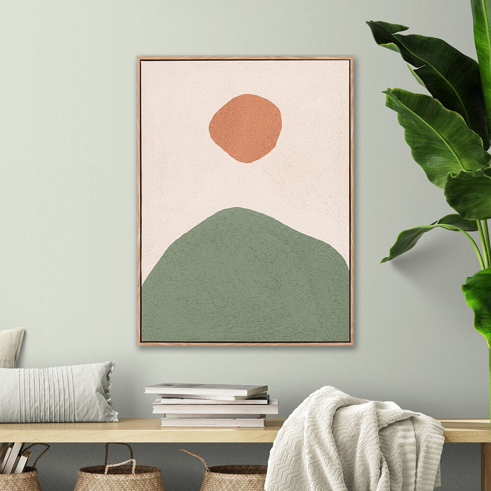Hand painted vertical abstract sun and mountain painting with sage green hill and terracotta sun, creamy beige textured background, minimalist landscape artwork