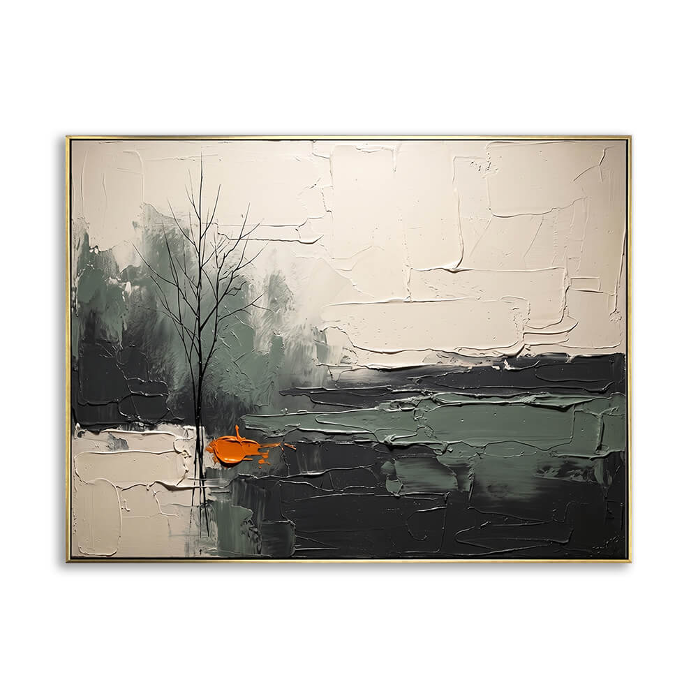 Horizontal hand painted canvas featuring a lone bare tree with vibrant orange accent shape on moody grey-green waters, creamy beige sky with dramatic knife strokes, heavy 3D impasto texture, moody abstract landscape artwork