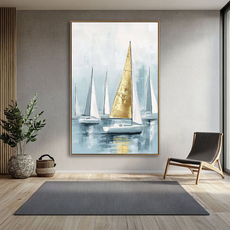 Gold Sailboat Canvas Wall Art #YX87