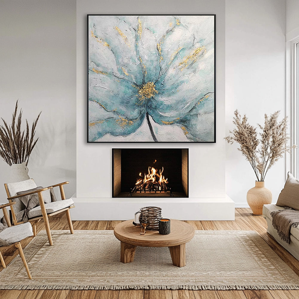 Teal and Gold Abstract Flower Canvas Art #YX325