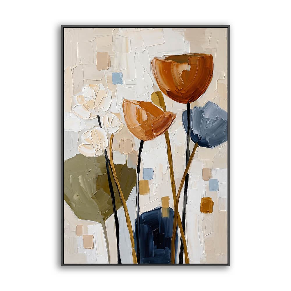 Vertical hand painted floral canvas, textured abstract tulips with neutral earth tone palette, soft layered brushwork