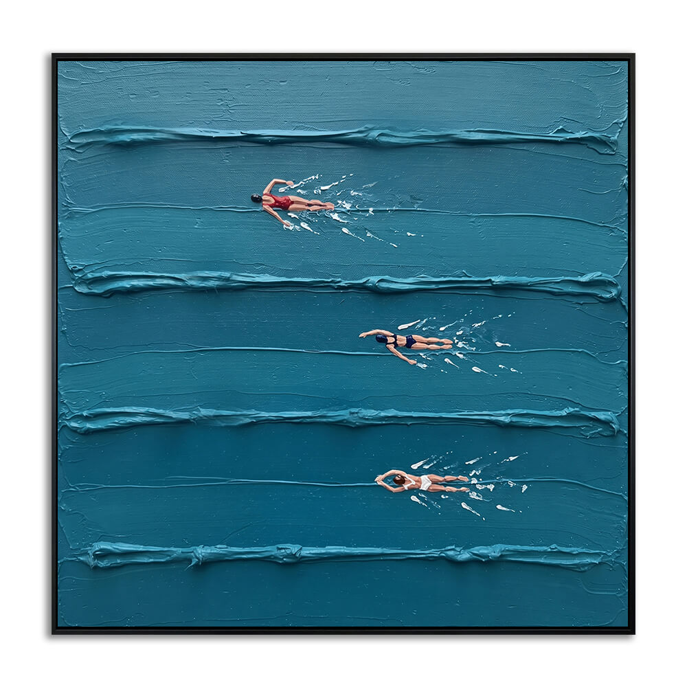 Studio front view of Aquamarine Strokes heavy impasto hand painted canvas featuring three swimmers and raised water texture.