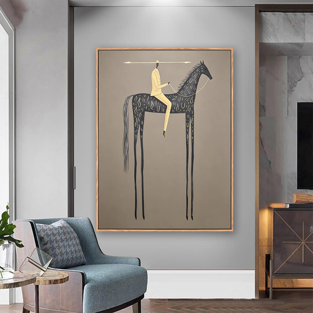 Framed surreal equestrian canvas mounted beside bathroom vanity