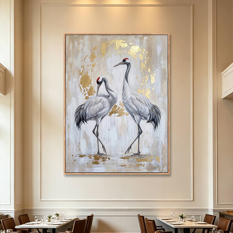 Large vertical Asian-inspired crane painting with gold leaf halo, two elegant birds on textured beige background, hand-painted luxury artwork