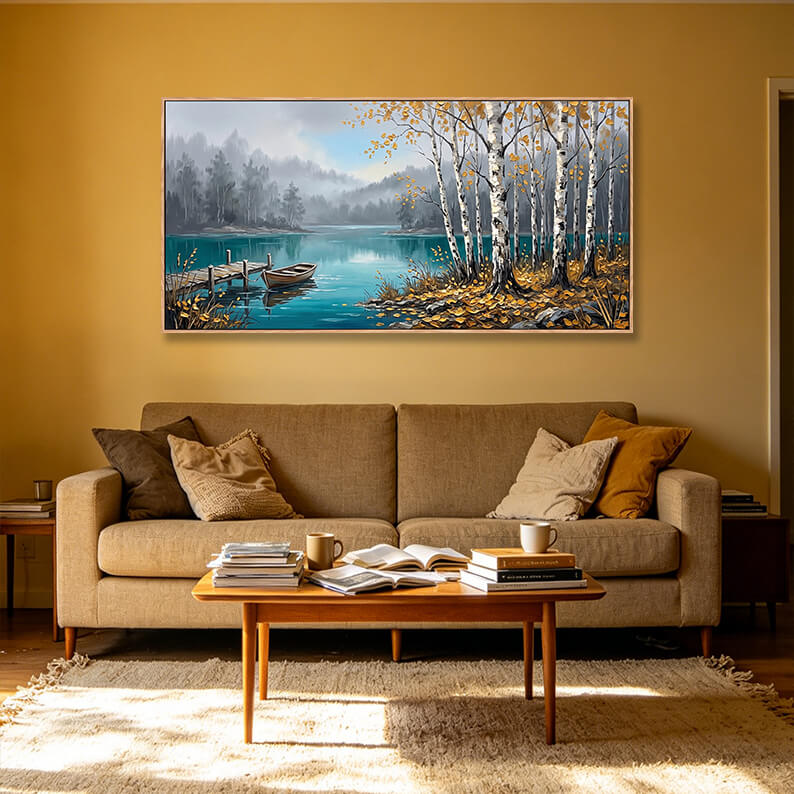 Original hand painted birch tree lakeside painting, golden autumn foliage with turquoise water, wooden rowboat at pier, misty mountain background, impasto oil painting on canvas, serene nature wall art