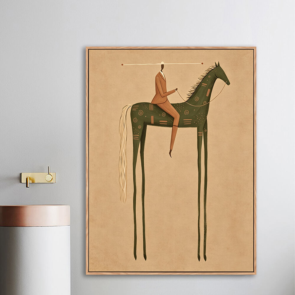 Surreal olive horse artwork displayed on entryway console wall