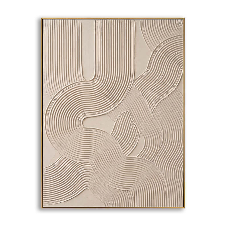 Hand-painted abstract canvas art featuring heavy 3D intertwined geometric line textures in neutral beige.