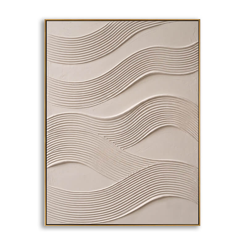 Hand-painted abstract canvas art featuring heavy 3D ripple wave textures in neutral beige.
