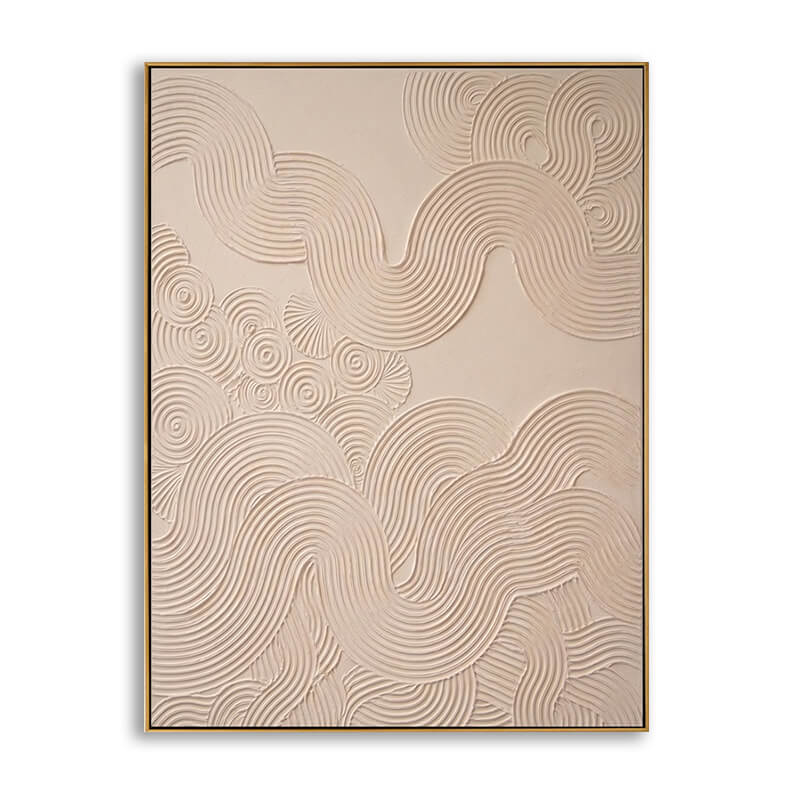 Hand-painted abstract canvas art featuring heavy 3D swirl and wave textures in neutral beige.