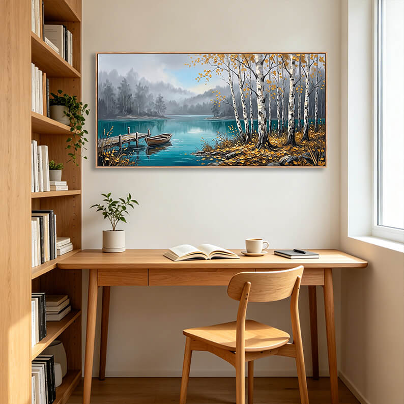 Original hand painted birch tree lake painting, white birch trees with golden foliage, turquoise water with boat at dock, foggy autumn landscape, textured canvas wall decor