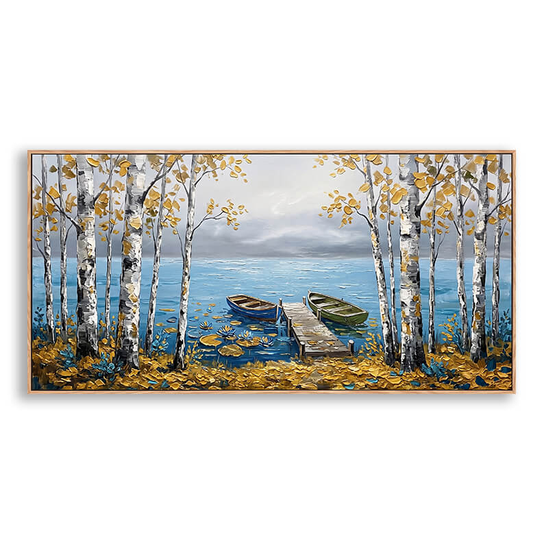 Hand painted canvas wall art featuring white birch trees with golden leaves framing blue lake, two rowboats at wooden dock, autumn landscape with thick impasto texture, original nature artwork for home decoration