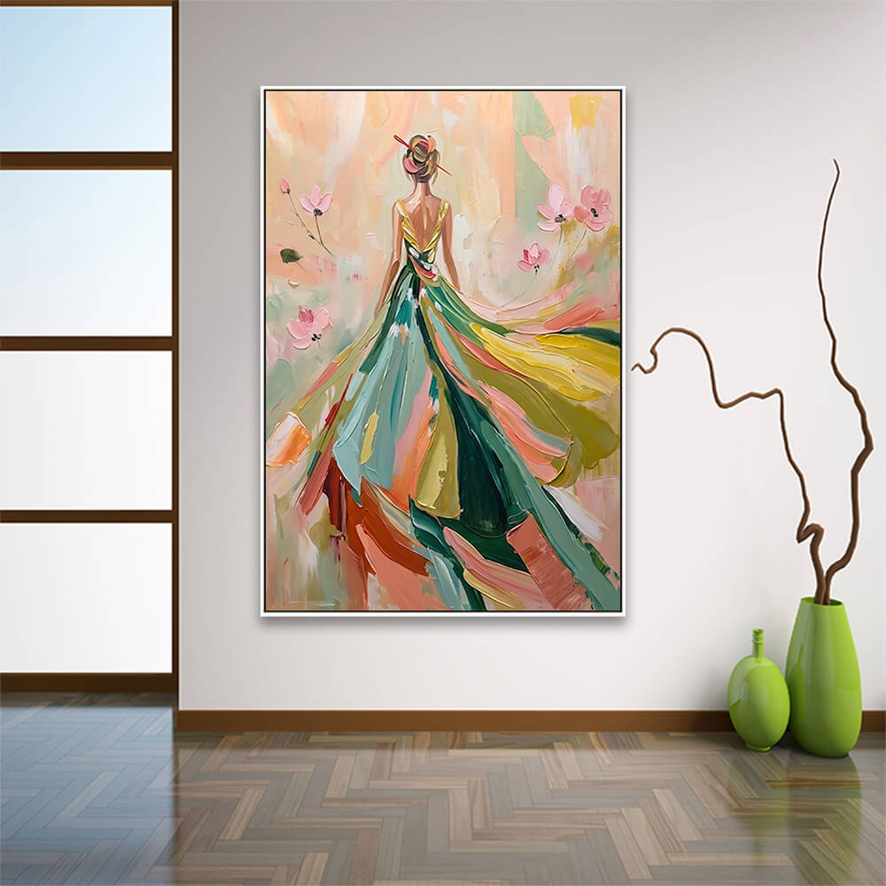 Romantic floral lady canvas decorating hallway next to table lamp and cabinetry