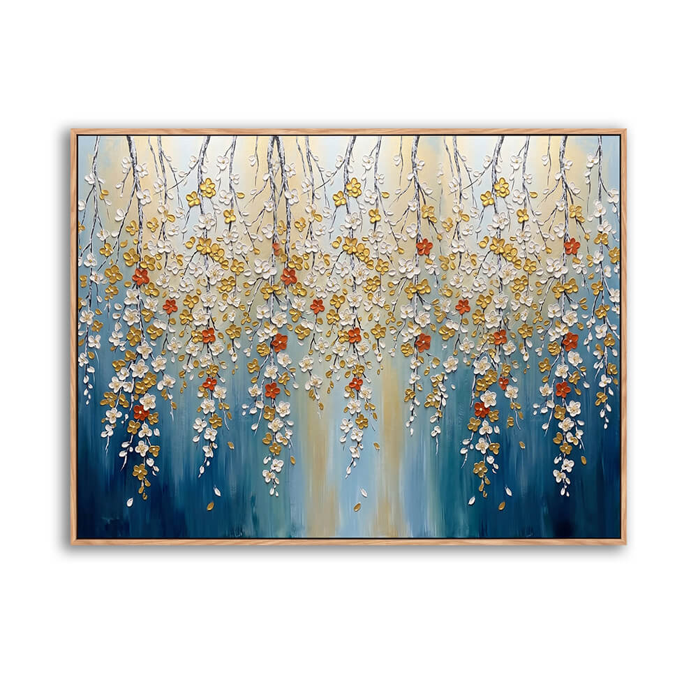 Horizontal hand-painted abstract canvas, textured impasto weeping hanging blossoms, white gold rust flowers on blue beige gradient backdrop, soft layered impasto brushwork
