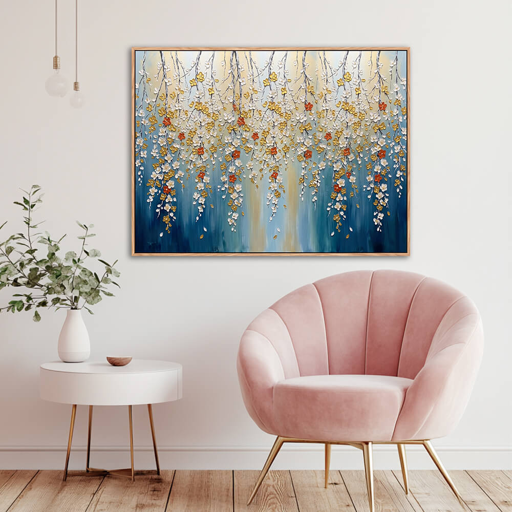 Soft modern lounge interior, horizontal hand-painted weeping blossom wall art, textured multi-color flowers on gradient teal blue background