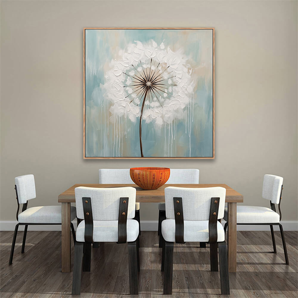 Hand painted white dandelion textured artwork above wooden dining table