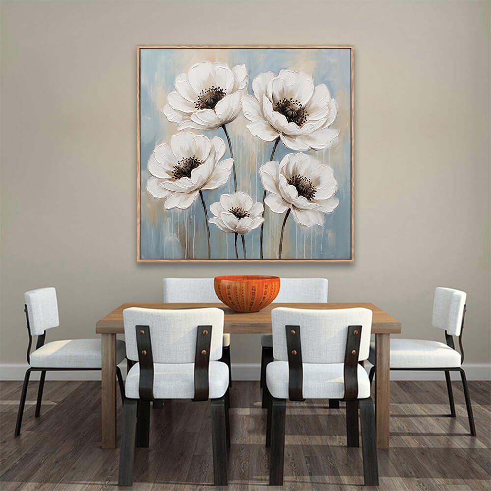 Hand painted white poppy flowers textured artwork above wooden dining table