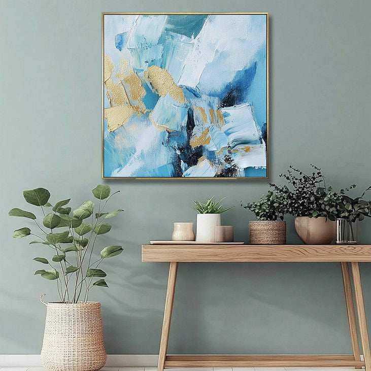 Gold-Accented Blue Abstract Handmade Canvas #YX17
