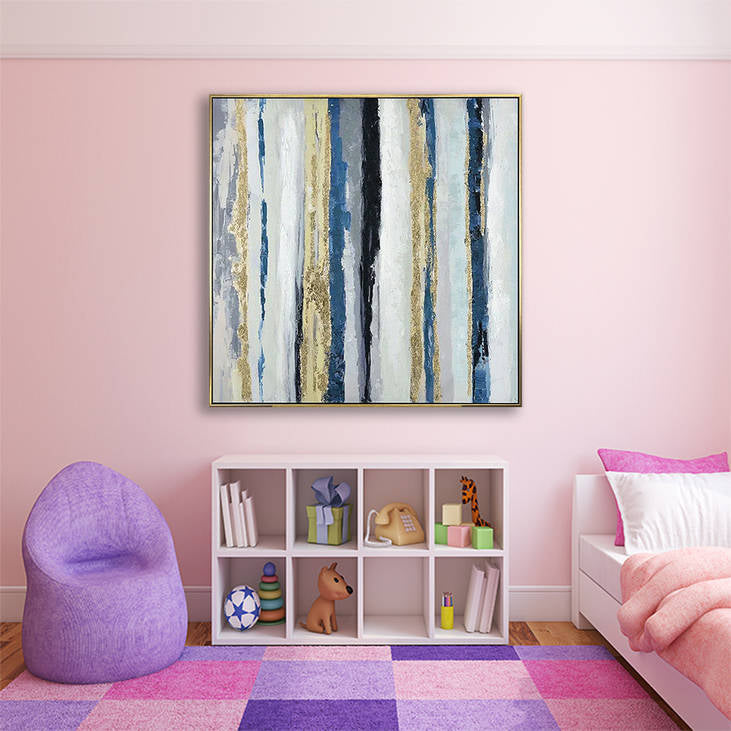Hand Painted Abstract Blue Gold Striped Canvas Wall Art #YX301