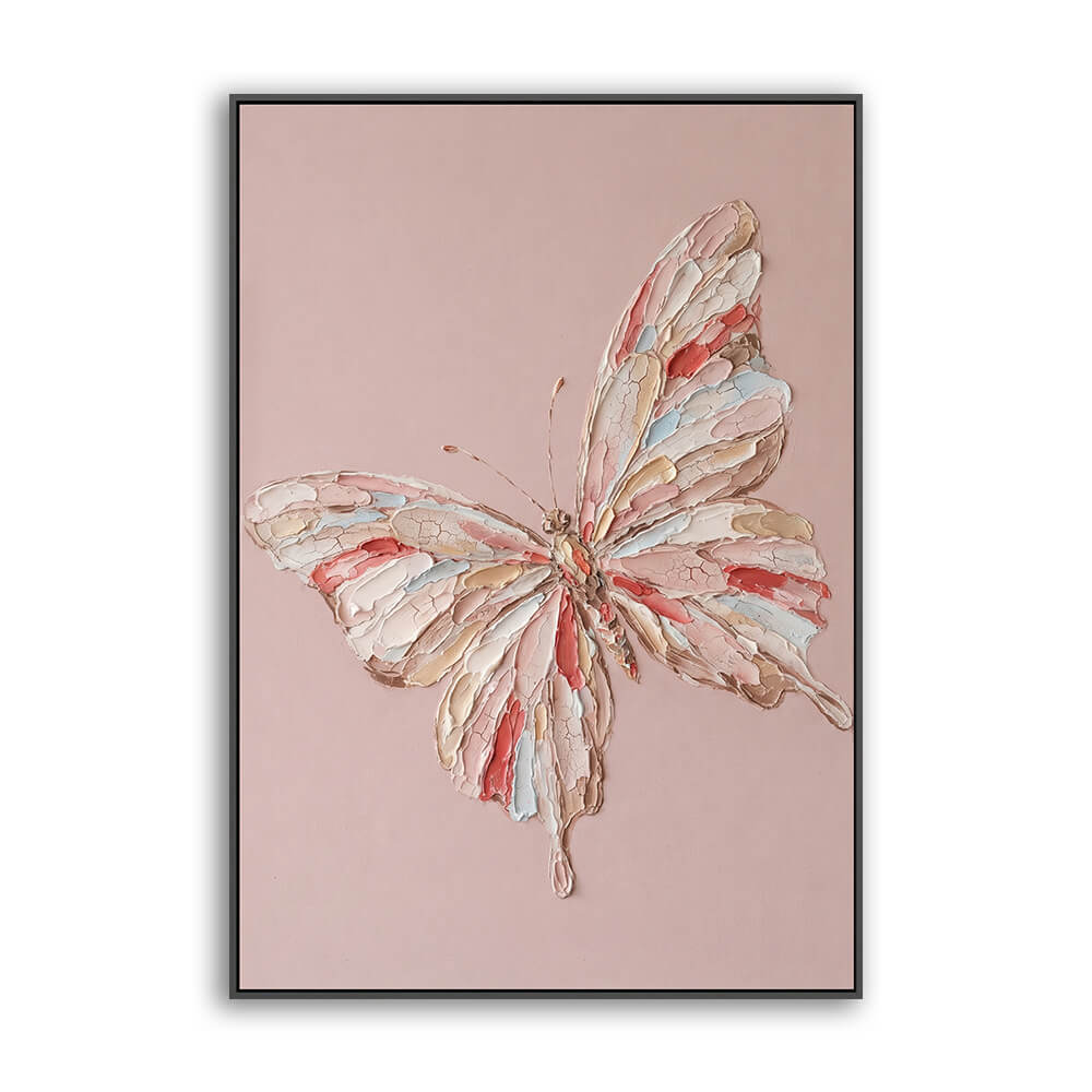 Vertical hand painted abstract canvas, impasto palette knife butterfly on solid blush pink background, soft layered brushwork