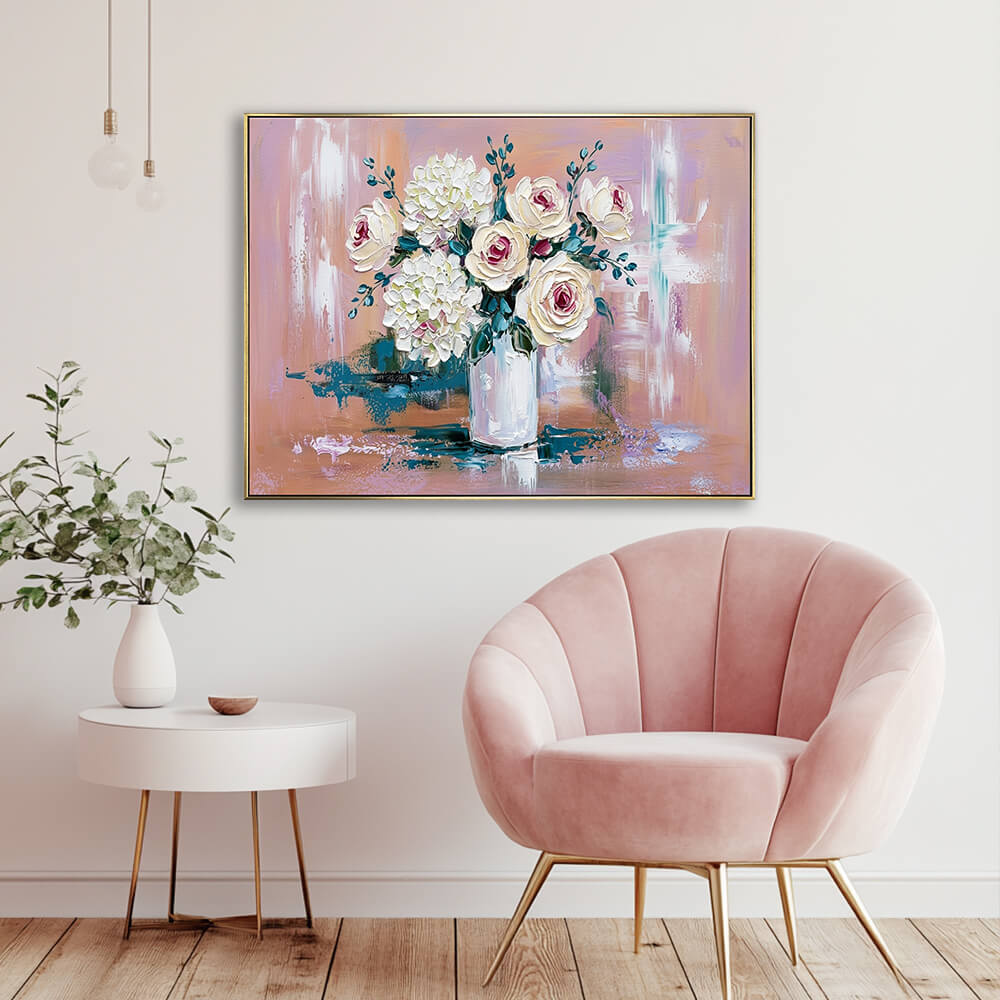 Pastel pink floral hand-painted canvas in elegant lounge area with blush velvet shell chair and gold metal legs