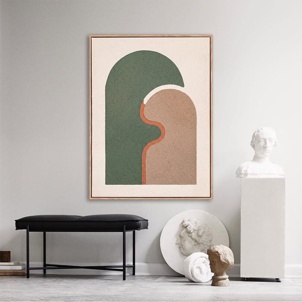 Hand painted sage green arch wall art in warm bohemian hallway interior