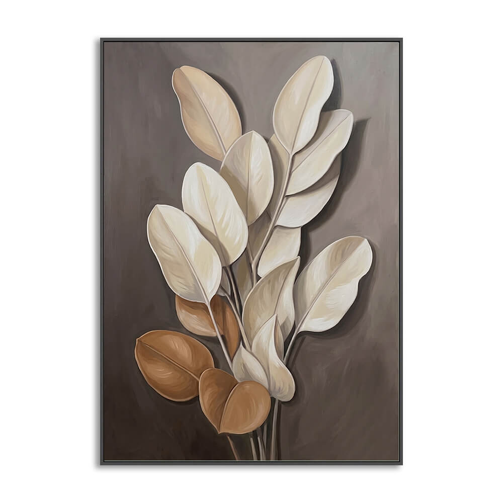 Close-up detail of a modern botanical abstract oil painting featuring smooth foliage brushwork on hand-painted canvas.