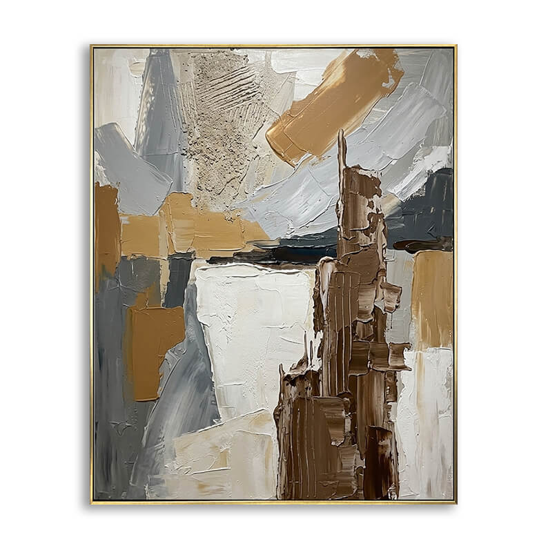 Hand-painted abstract canvas art featuring heavy 3D palette knife textures in grey beige white and brown geometric strokes.