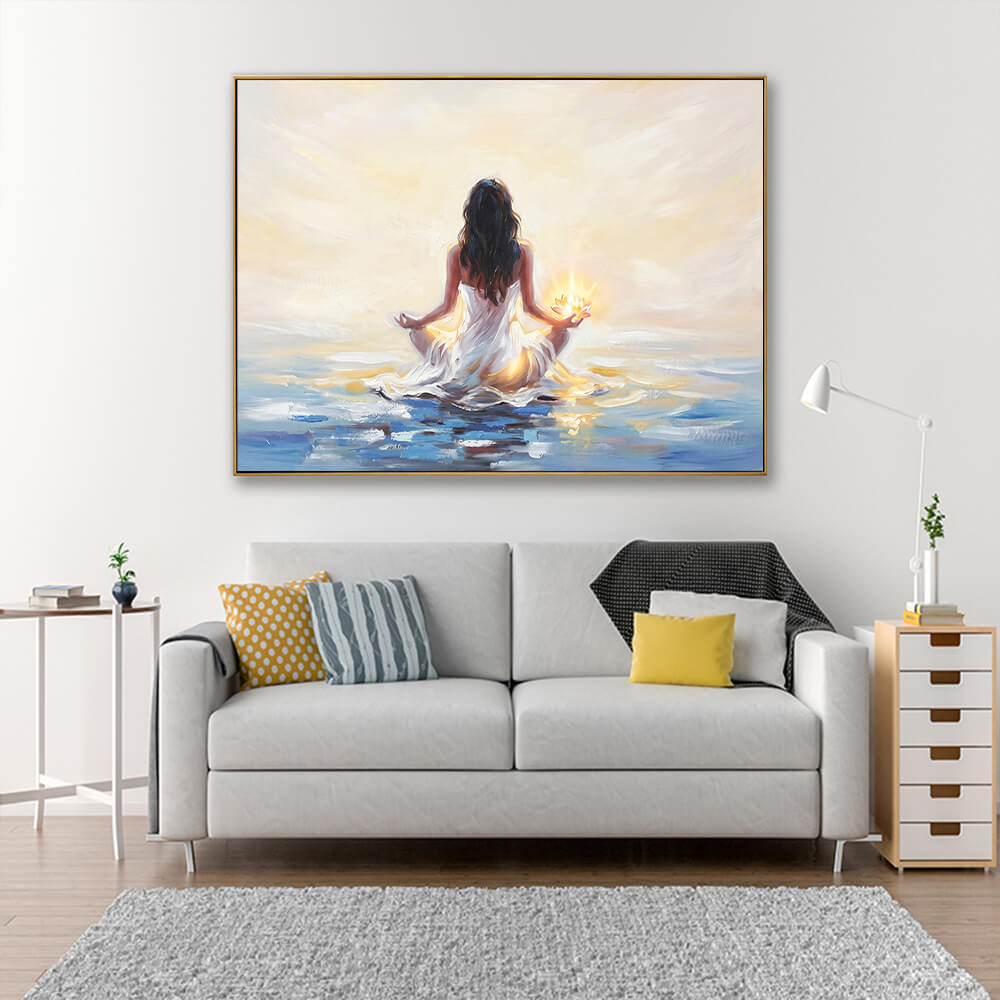Peaceful impressionist zen ocean canvas wall art hanging above light grey fabric sofa in soft neutral living room
7 meditation-lotus-dining-room.jpg spiritual-sunrise-coastal-painting-light-blue-dining-interior.jpg Hand-painted