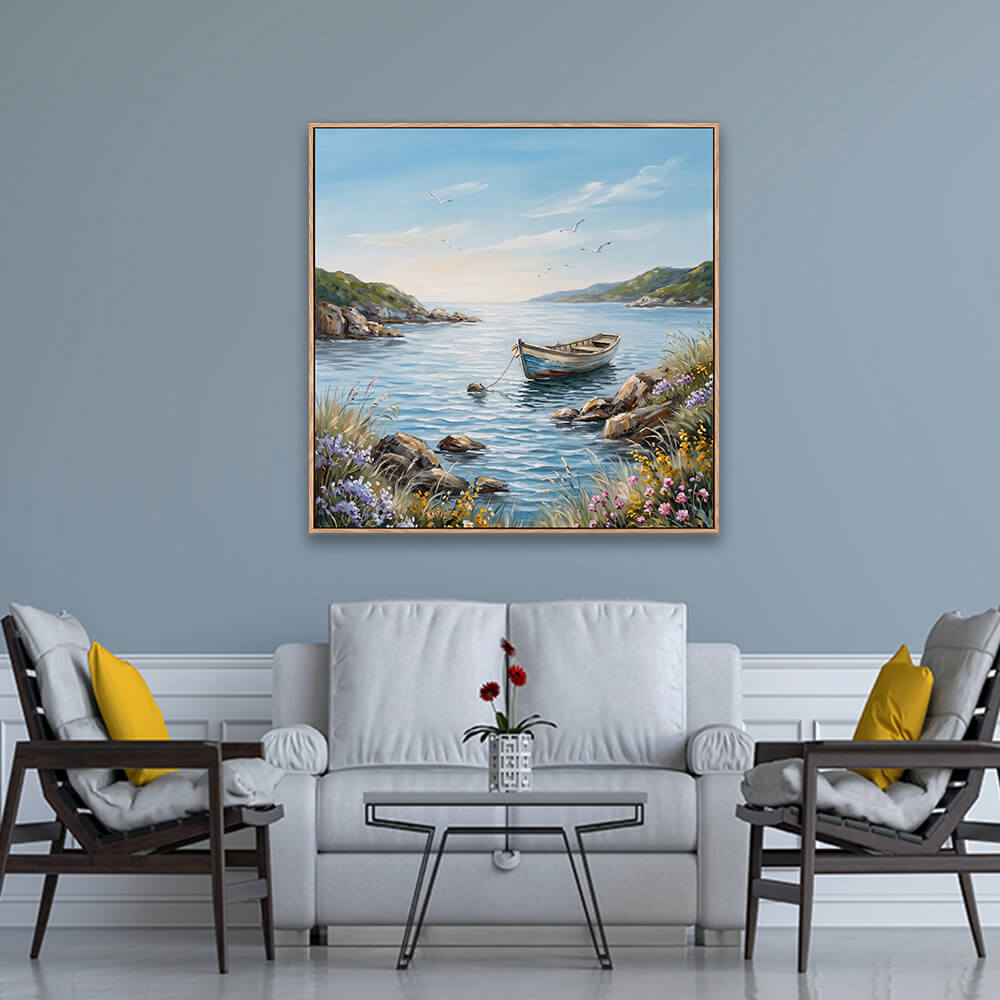 Soft cove boat landscape artwork hanging on light blue formal living room wall