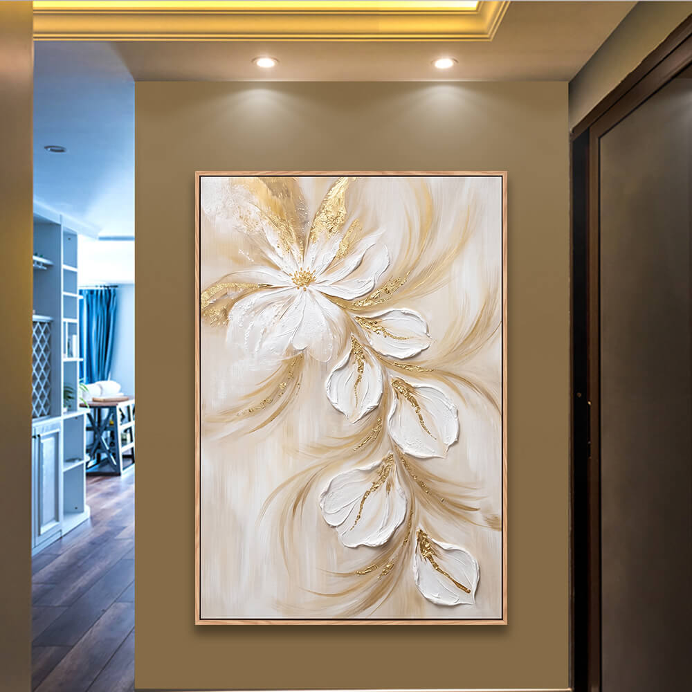 Hallway entryway installation, vertical luxury floral hand painting, cascading 3D white blooms and flowing golden brush strokes