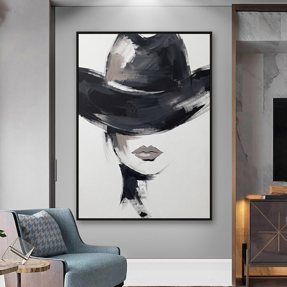 Hallway presentation view of Velvet Crown hand painted painting mounted near a modern warm entryway corridor with architectural lighting.