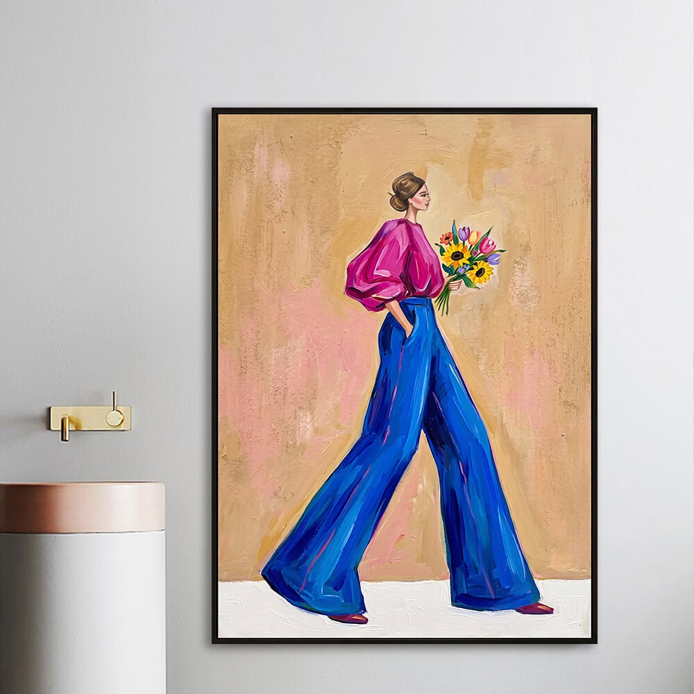Interior styling view of Vibrant Stride abstract decor hanging in a bright modern corridor above a sink basin.