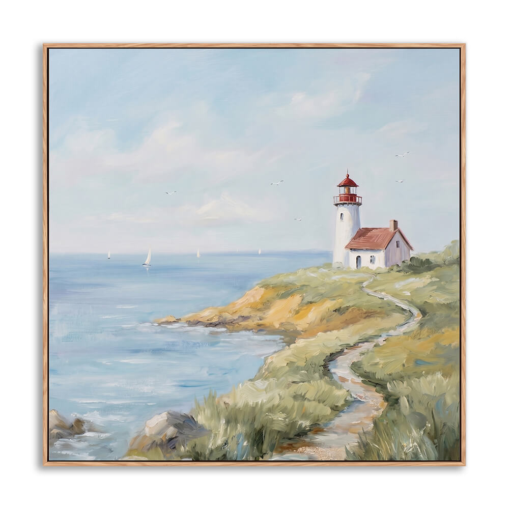Hand painted soft sky blue seascape canvas with red roof lighthouse, winding cliff trail, grassy coast, sailboats and seagulls, delicate layered brushwork