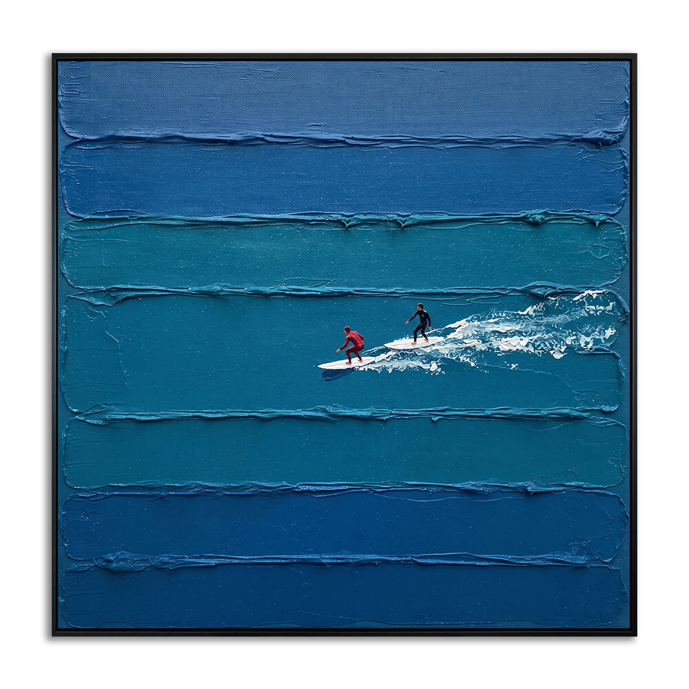 Studio front view of Coastal Glide heavy impasto hand painted canvas featuring two surfers and raised blue water texture.