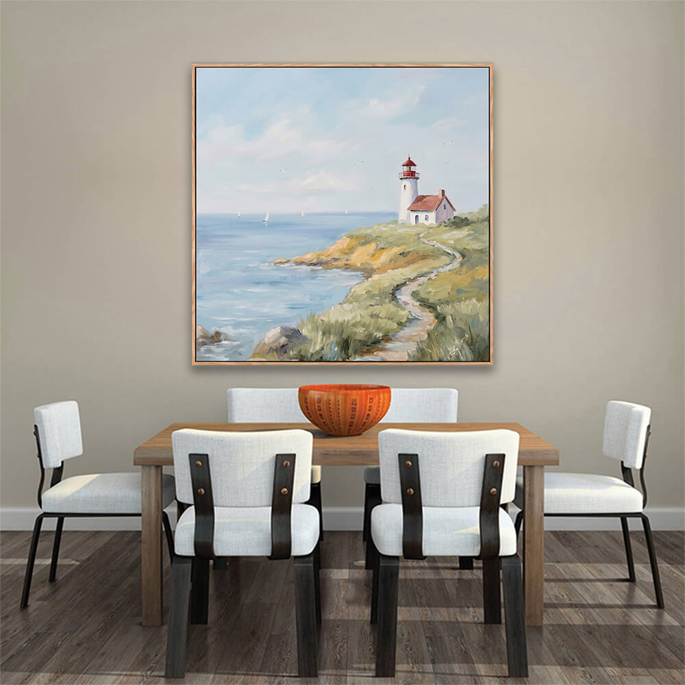 Gentle cliff trail lighthouse hand-painted canvas decor above solid wooden dining table