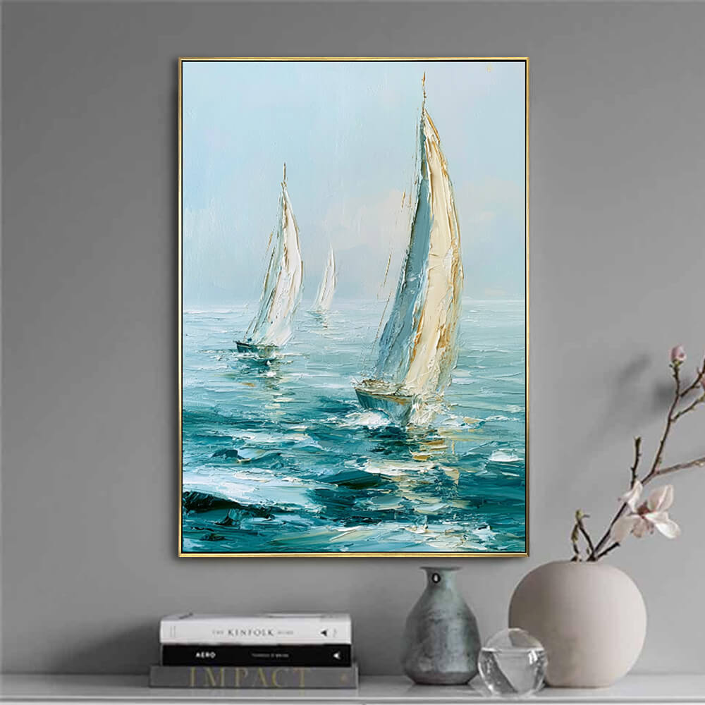 Minimal grey wall table styling of Ocean Sail Drift heavy texture palette knife sailboat seascape painting, hand painted teal ocean canvas art for modern home decor
