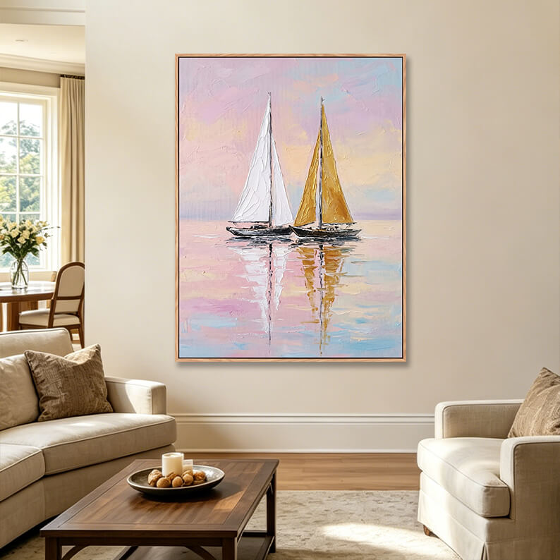 Large vertical coastal sailboat painting with pink sunset sky and water reflection, white and golden sails, heavy 3D impasto texture, dreamy seascape artwork.
